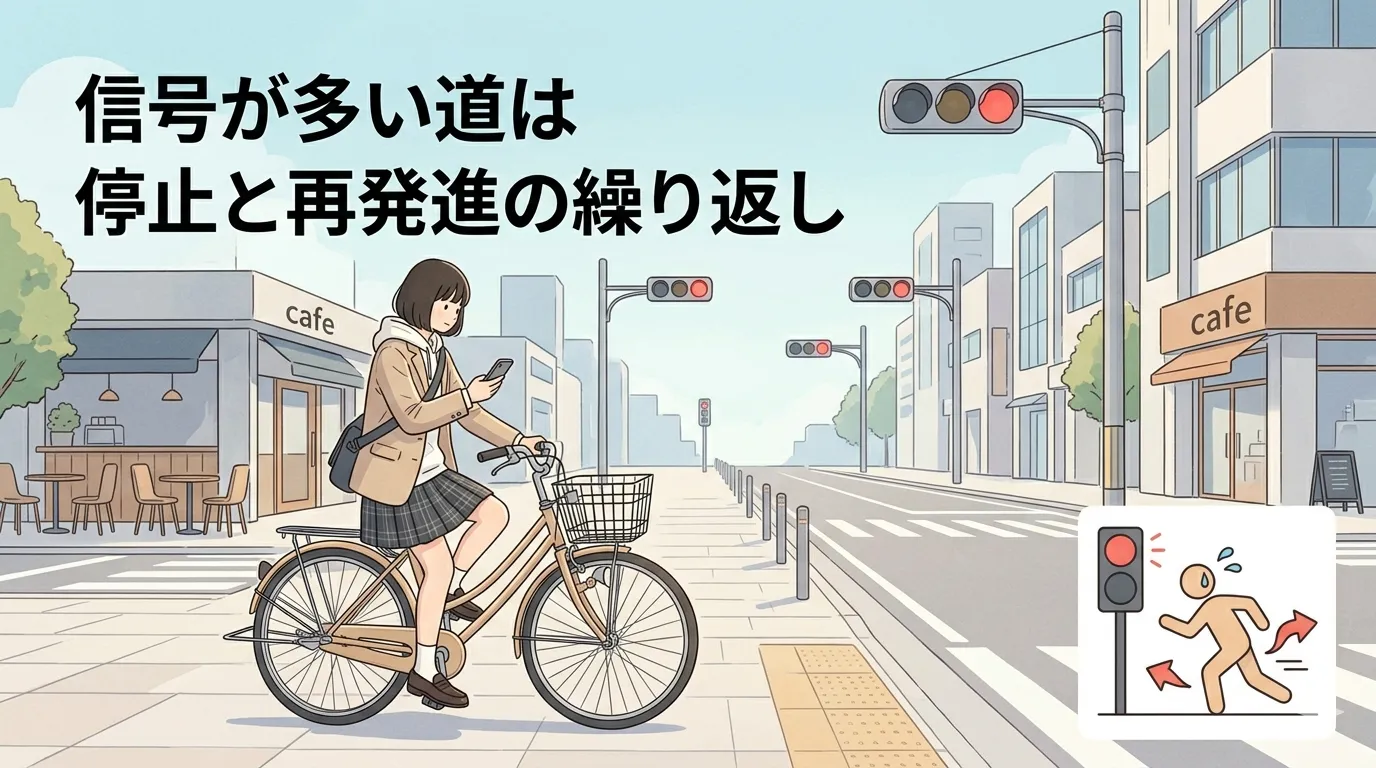信号が多い通学路を自転車で走る学生のイメージ