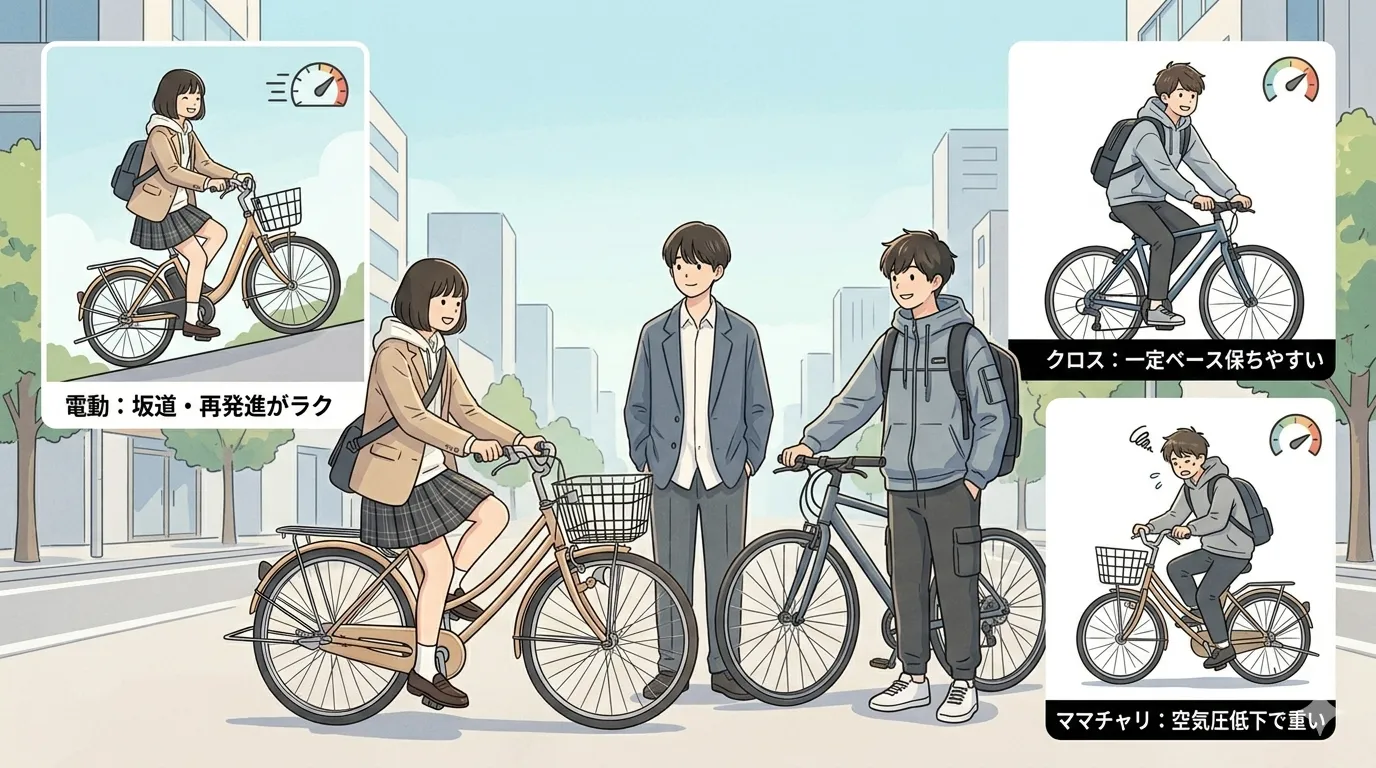 ママチャリとクロスバイクと電動アシスト自転車を比較するイメージ