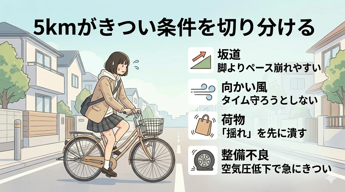 坂道や向かい風で自転車通学がきつくなる条件のイメージ