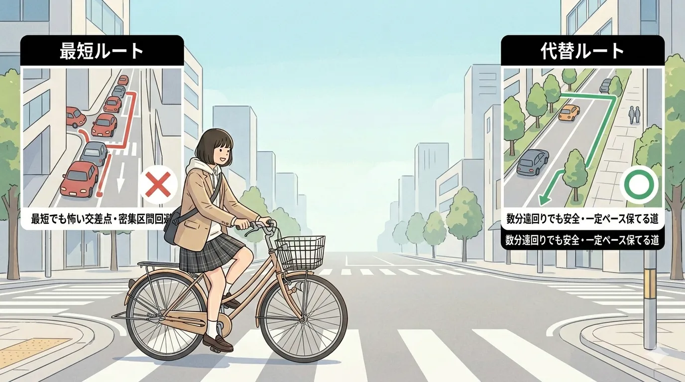 安全な通学ルートを選んで自転車で走る学生のイメージ