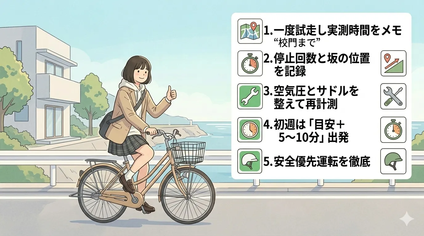 自転車5km通学を続けるためのチェックリストを確認する学生のイメージ