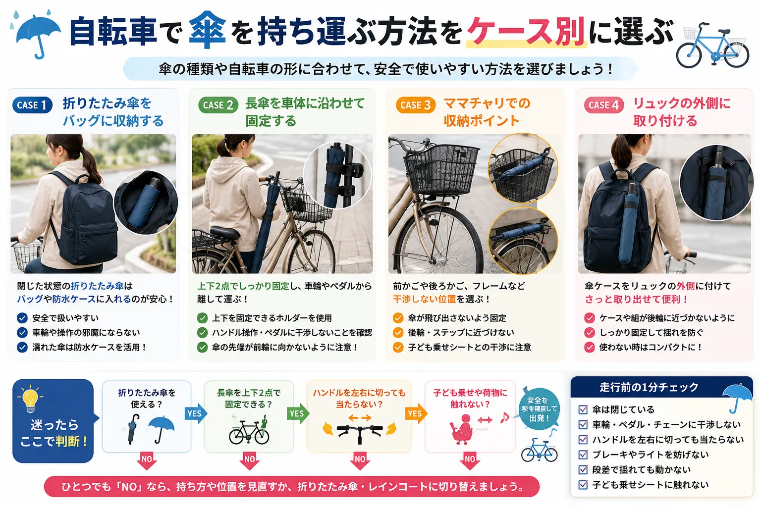 自転車で長傘と折りたたみ傘を持ち運ぶ方法