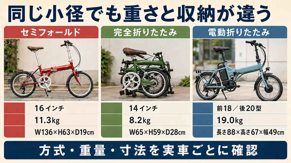 小径車3モデルの重量と折りたたみ寸法の公式比較