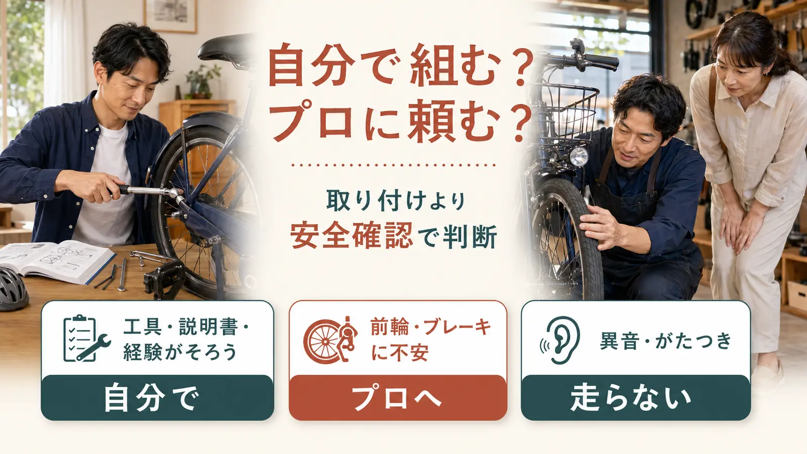 通販自転車を自分で組み立てるか専門店へ依頼するかを工具・説明書・安全検査で判断する画像