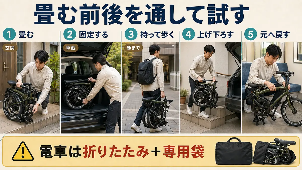 ミニベロの保管・車載・輪行を5段階で確認する手順