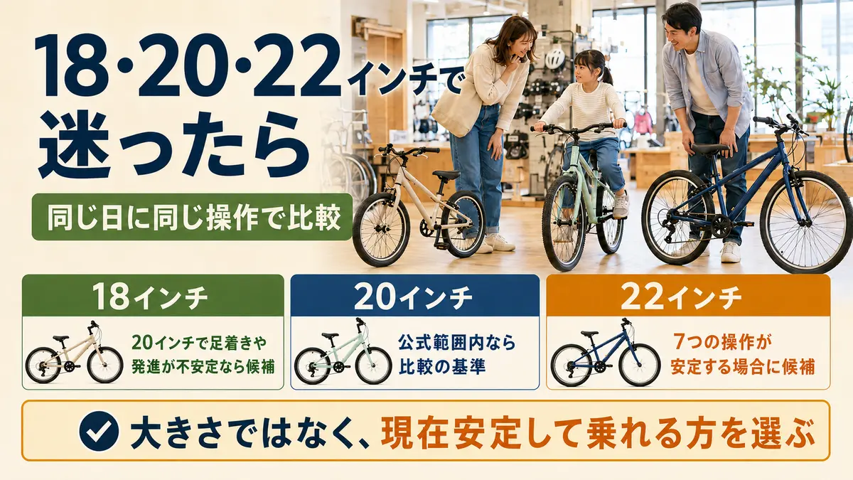 18・20・22インチ自転車を同じ日に同じ操作で比較する判断表