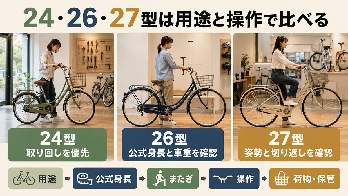 24・26・27インチ自転車を用途と操作で比較する表