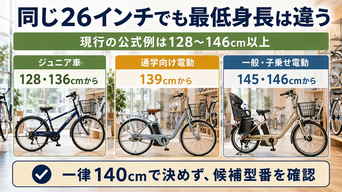 26インチ自転車の最低身長が車種ごとに異なることを示す比較