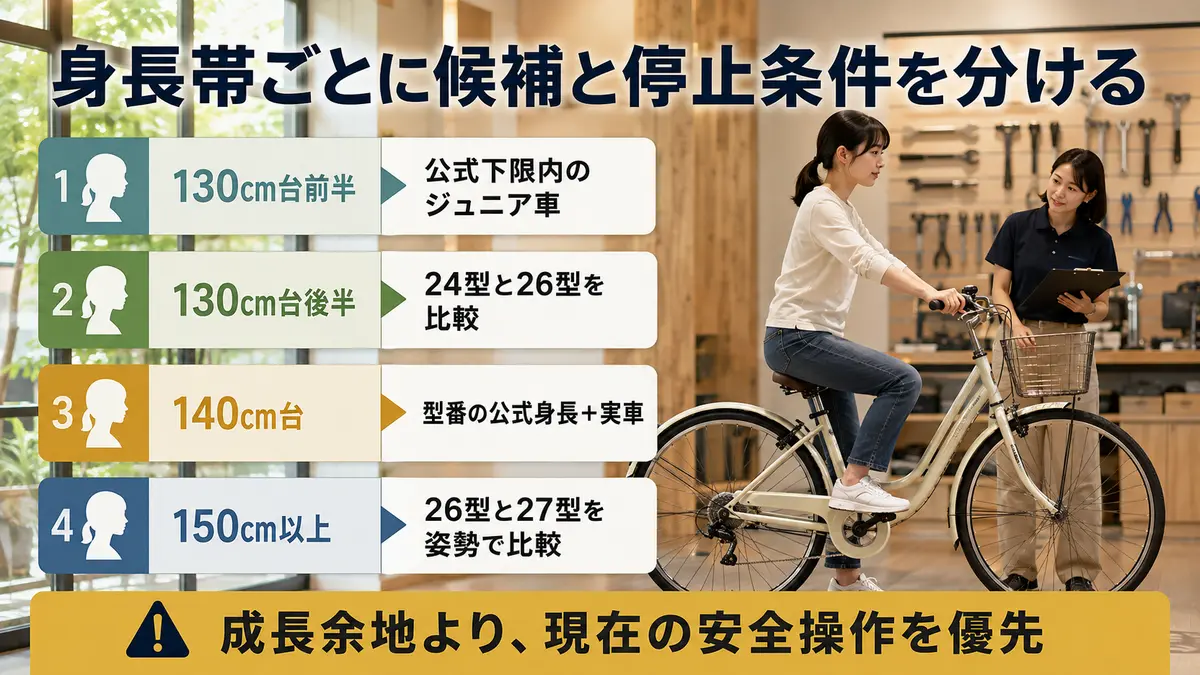 身長130cm台・140cm台・150cm以上で26インチ自転車を判断する早見表