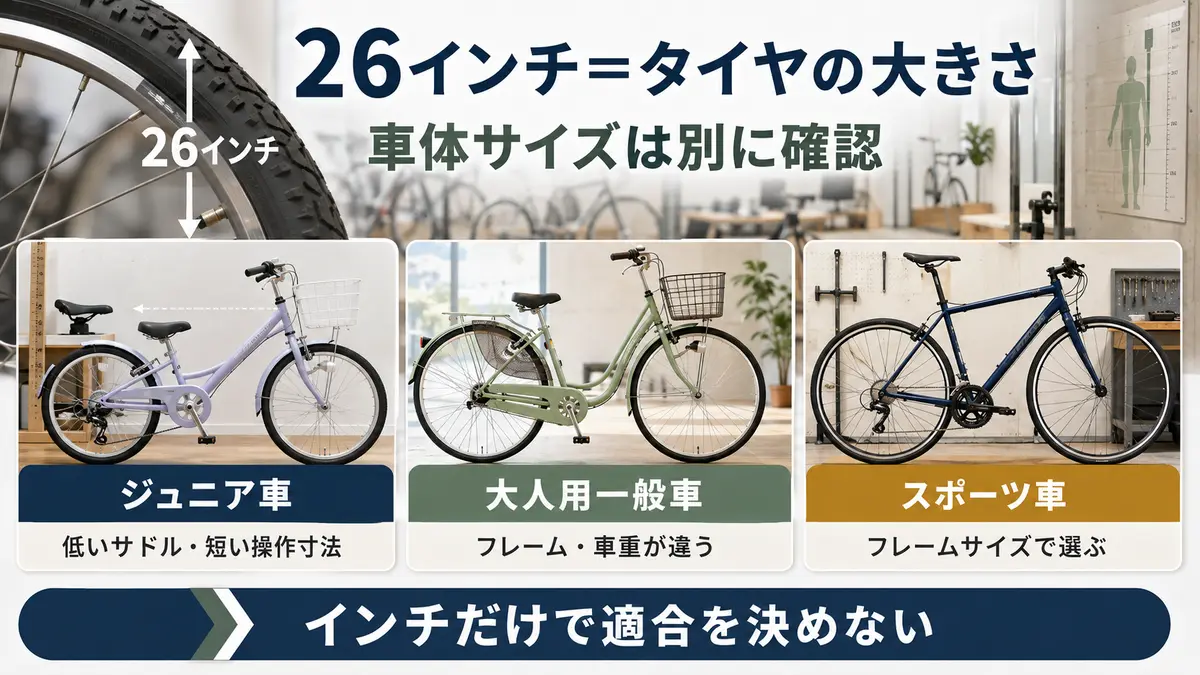 同じ26インチでもジュニア用と大人用とスポーツ車で車体設計が異なる説明