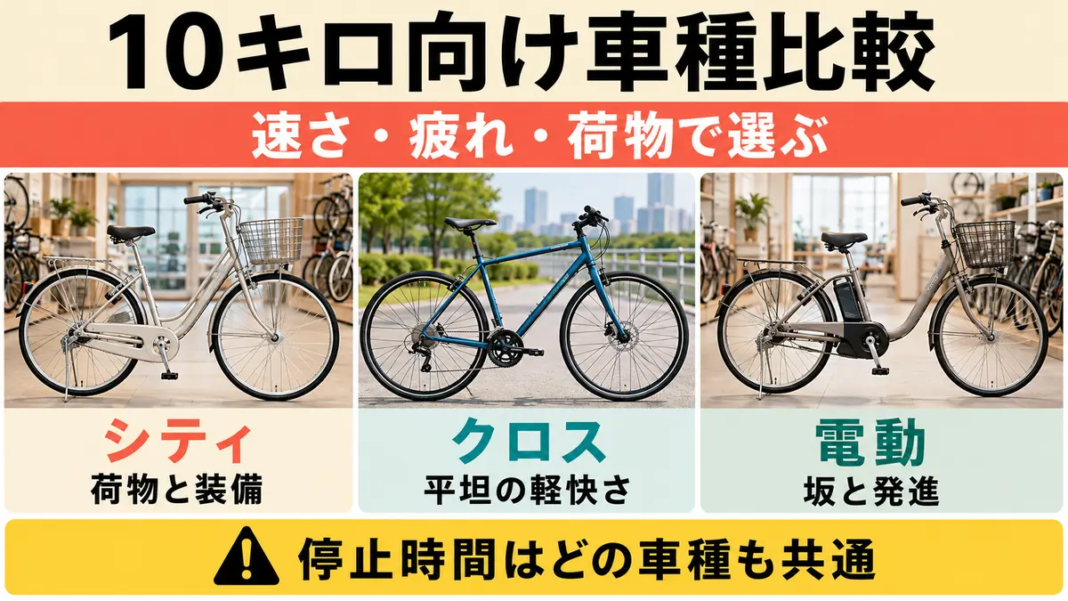 10キロ向けのシティサイクル・クロスバイク・電動自転車比較