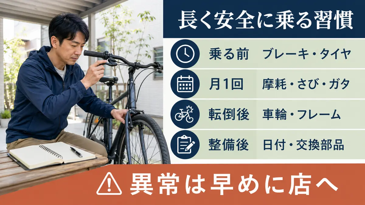 自転車を長く安全に乗るための乗車前点検・月1確認・整備記録