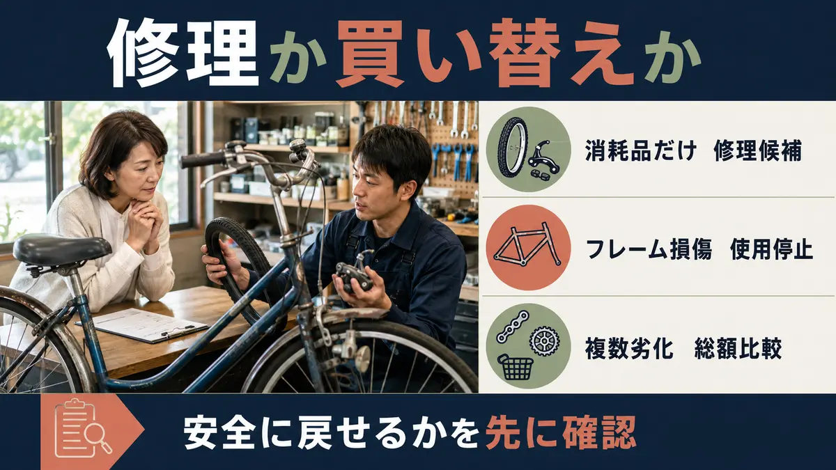 自転車を修理して乗り続ける場合と買い替え候補を分ける比較図
