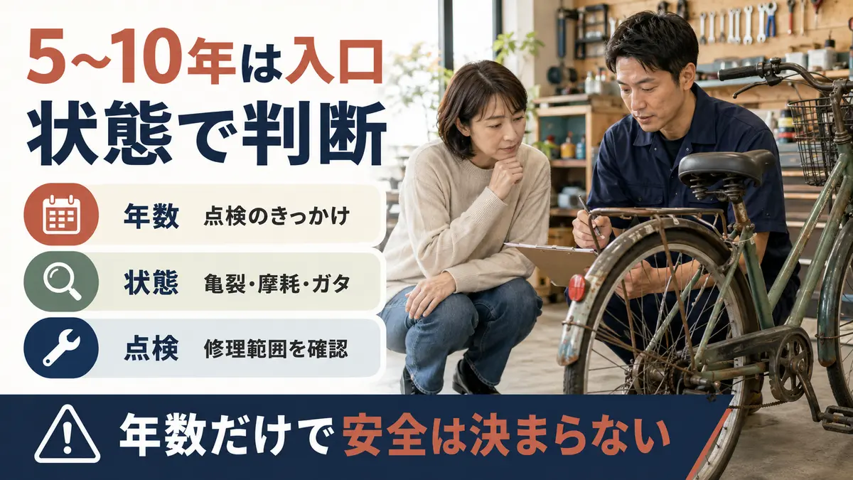 自転車の5〜10年という寿命目安を状態・保管・点検で判断する図