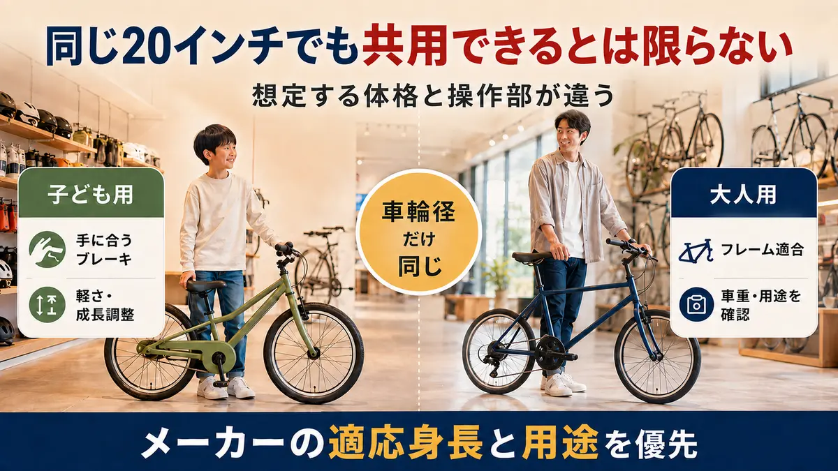 同じ20インチでも子ども用と大人用では適応身長や操作部が異なる説明