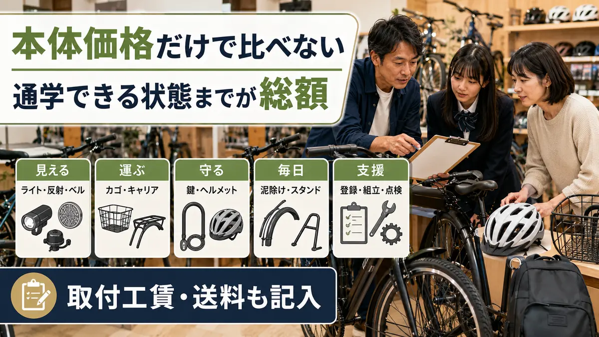 クロスバイク通学の法令・学校・運用装備と乗り出し総額を比較する図