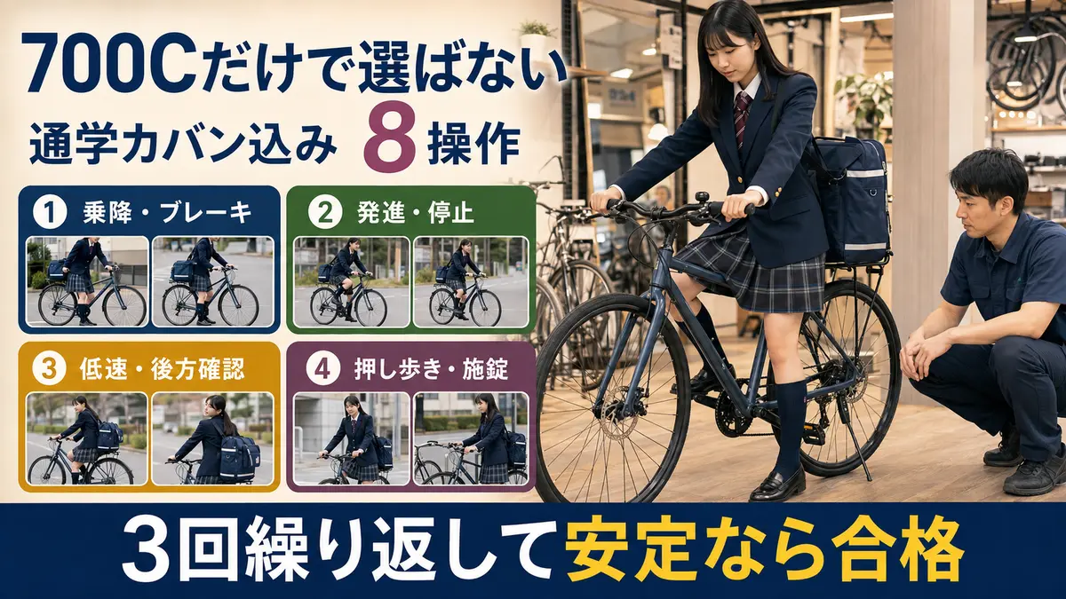高校生が制服と通学カバンで行うクロスバイクの8操作テスト