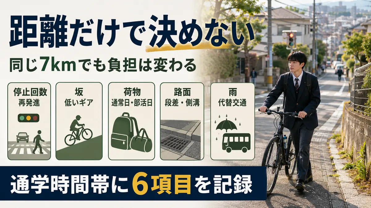 距離・停止・坂・荷物・雨からクロスバイク通学の向き不向きを判断する図