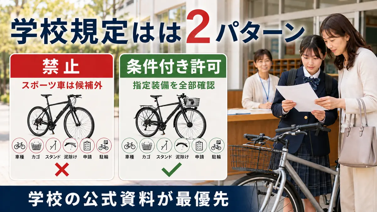 クロスバイク禁止と条件付き許可に分かれる学校規定の確認図