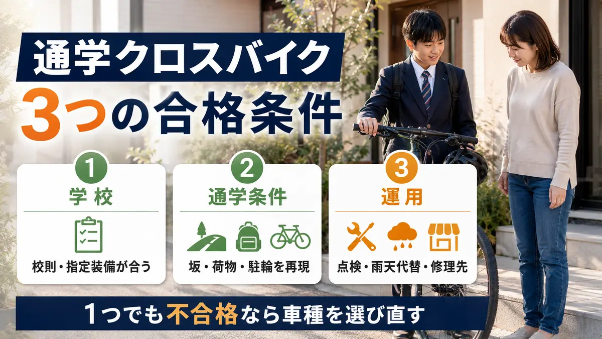 クロスバイク通学を校則・通学条件・運用の3段階で判定する図
