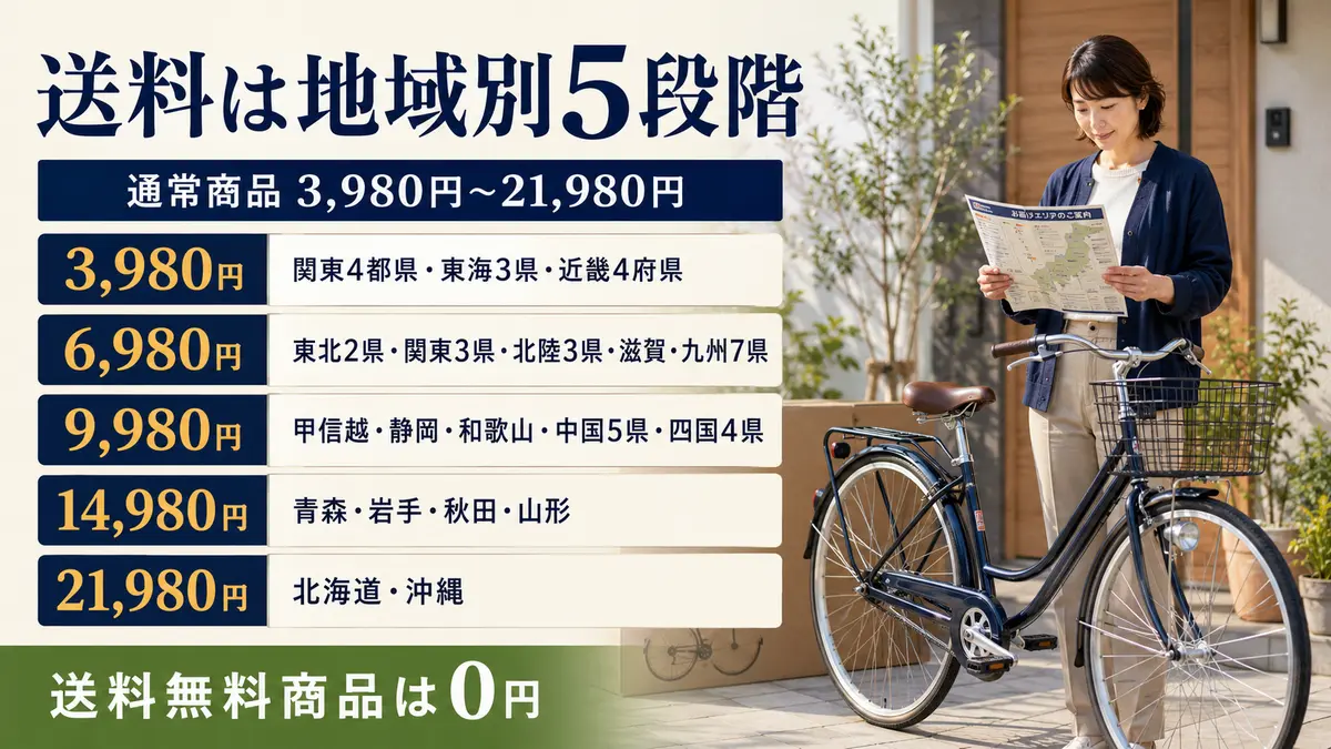 サイマの自転車送料を0円と地域別5段階に分けた料金早見表