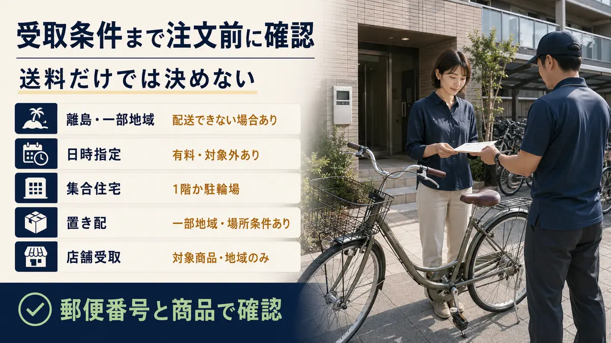 サイマ注文前に離島・日時指定・集合住宅・置き配・店舗受取を確認する図