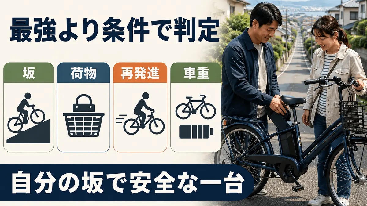 電動自転車のアシスト力を坂・荷物・発進・扱いやすさで判断する図