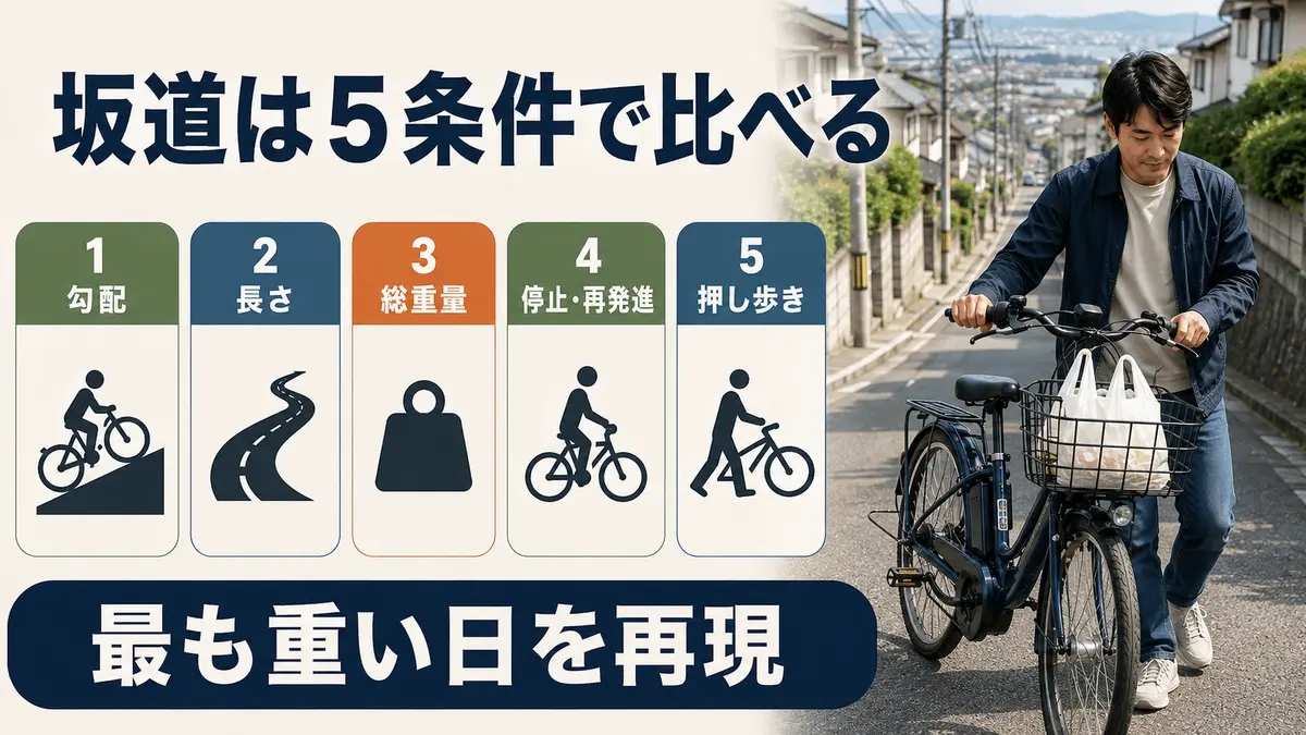 坂道で電動自転車の差が出る5条件を比較する図