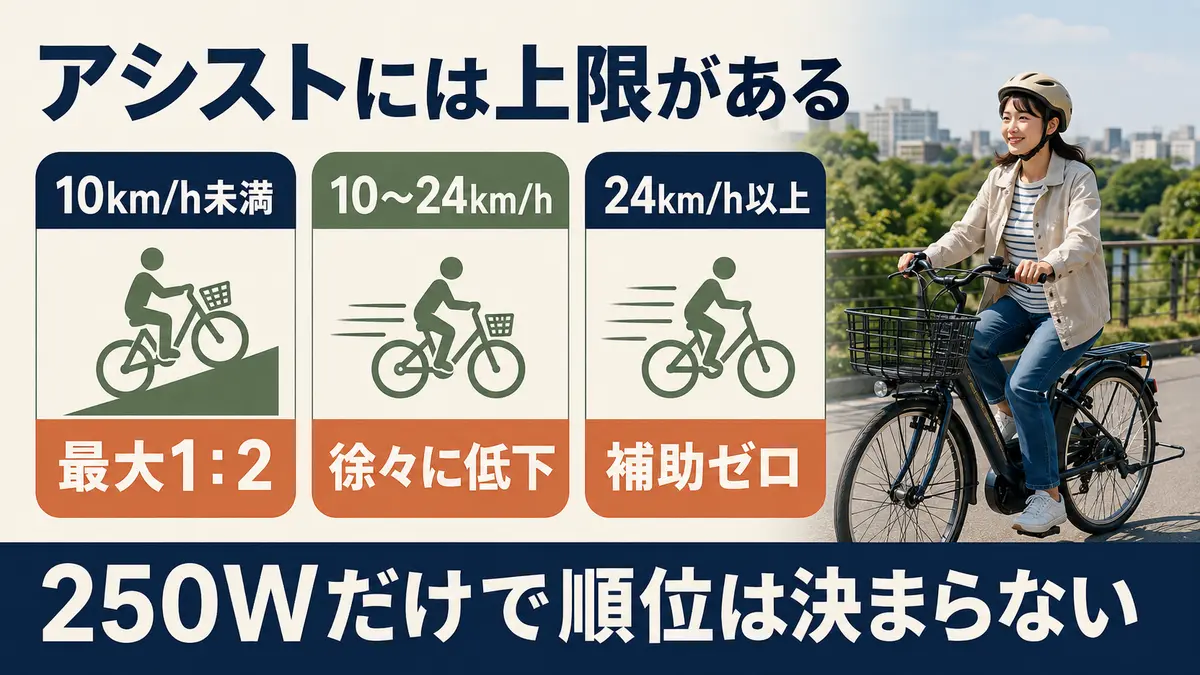 電動アシスト自転車の速度別アシスト上限を示す図