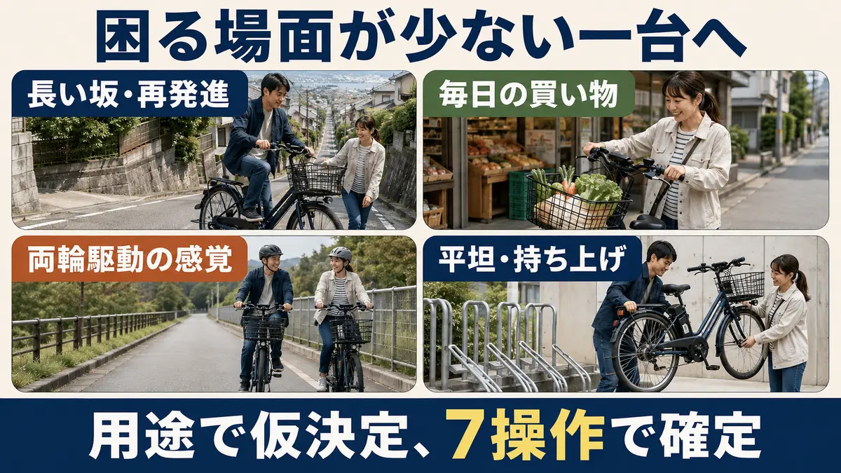 坂道・毎日の買い物・押し歩きの用途別に電動自転車を選ぶ図