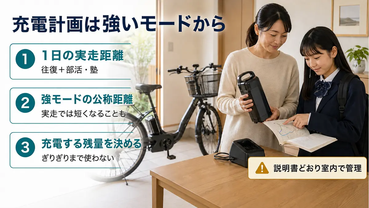往復距離と強モードの公称距離から充電計画を作る方法