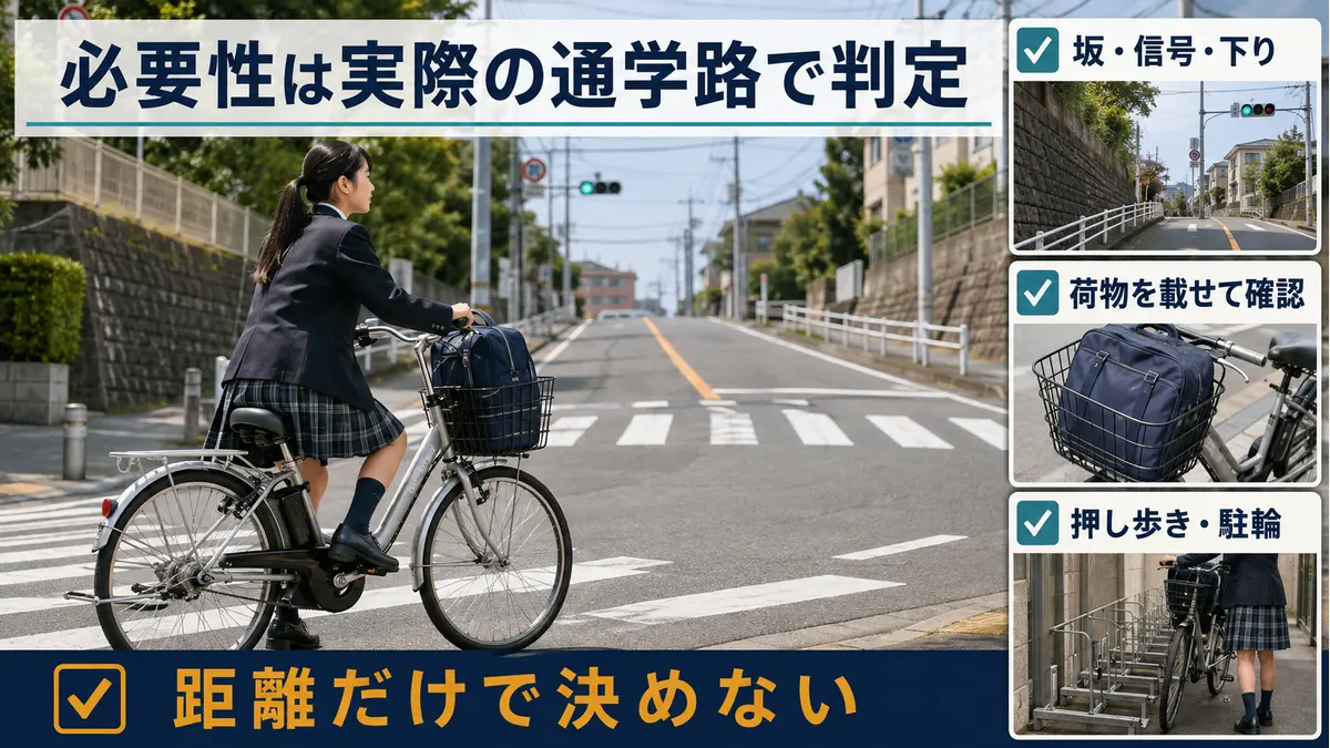 通学路・荷物・駐輪から電動アシストの必要性を判定するチェック