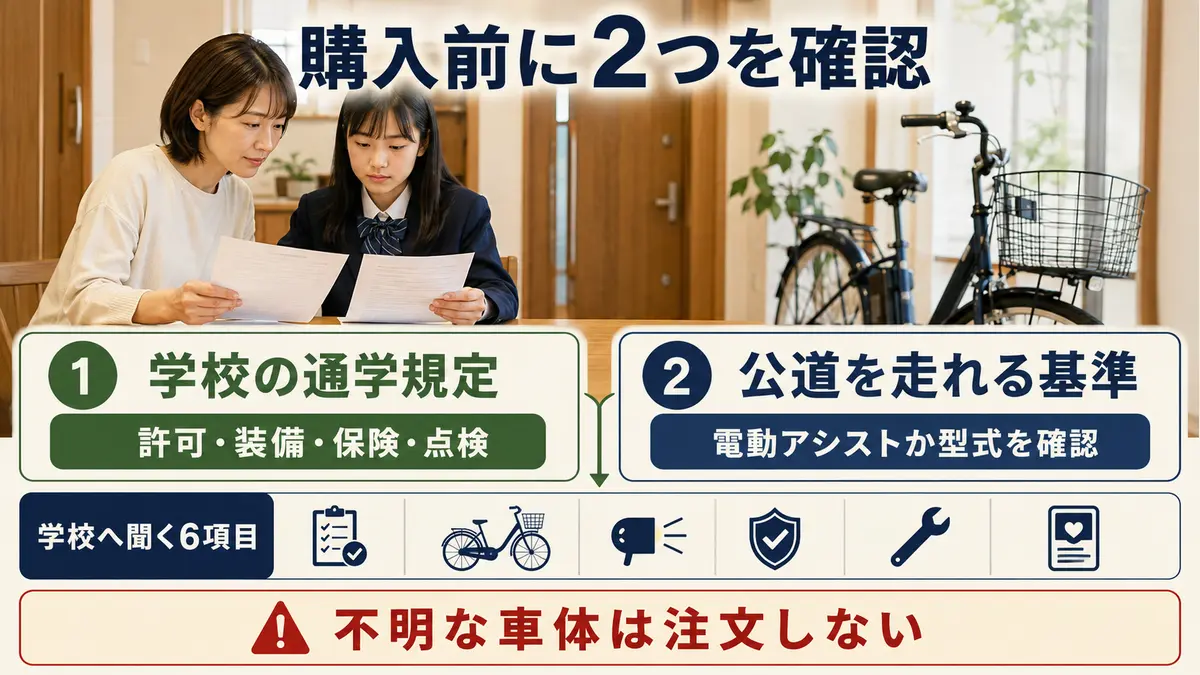 学校規定と公道走行基準を購入前に確認する手順