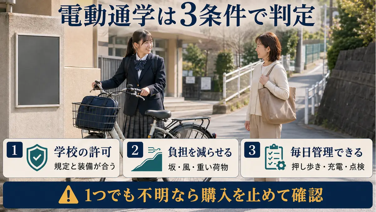 通学用電動自転車を学校許可・負担軽減・毎日の管理で判定する3条件