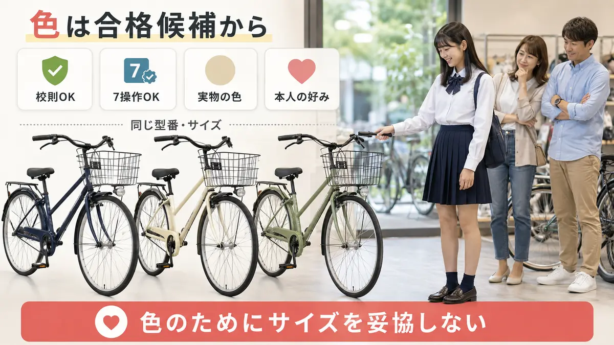 女子高校生が安全条件に合格した通学自転車から色とデザインを選ぶ図