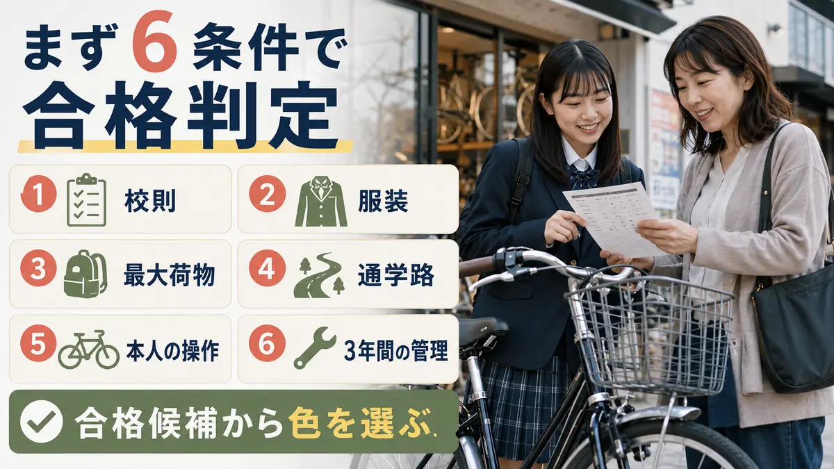 女子の通学自転車を校則・服装・荷物・通学路・操作・管理の6条件で選ぶ図