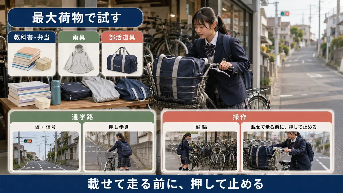 女子高校生が最大荷物と坂・信号のある通学路から自転車を選ぶ図