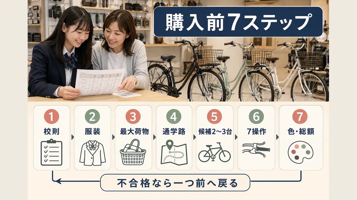 女子の通学自転車を購入前7ステップで1台に絞る図