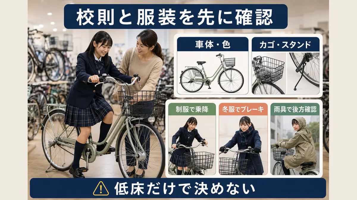 女子高校生が校則と制服・雨具で通学自転車のフレームと装備を確認する図