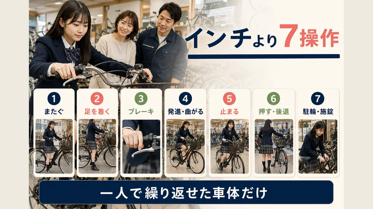 女子高校生が制服と最大荷物で通学自転車の7操作を試す図