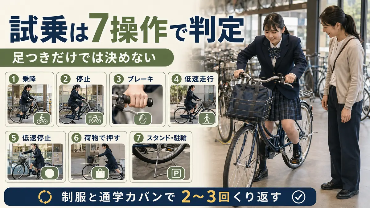 高校生が制服と通学カバンで行う自転車の試乗7項目