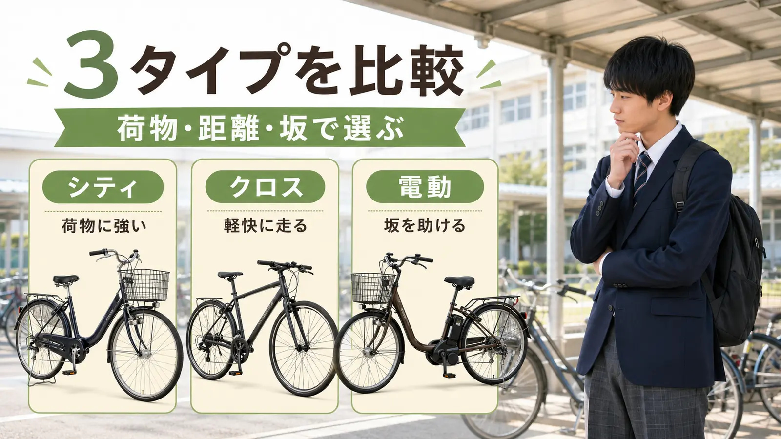 高校生向けのシティサイクルとクロスバイクと電動アシスト自転車の比較