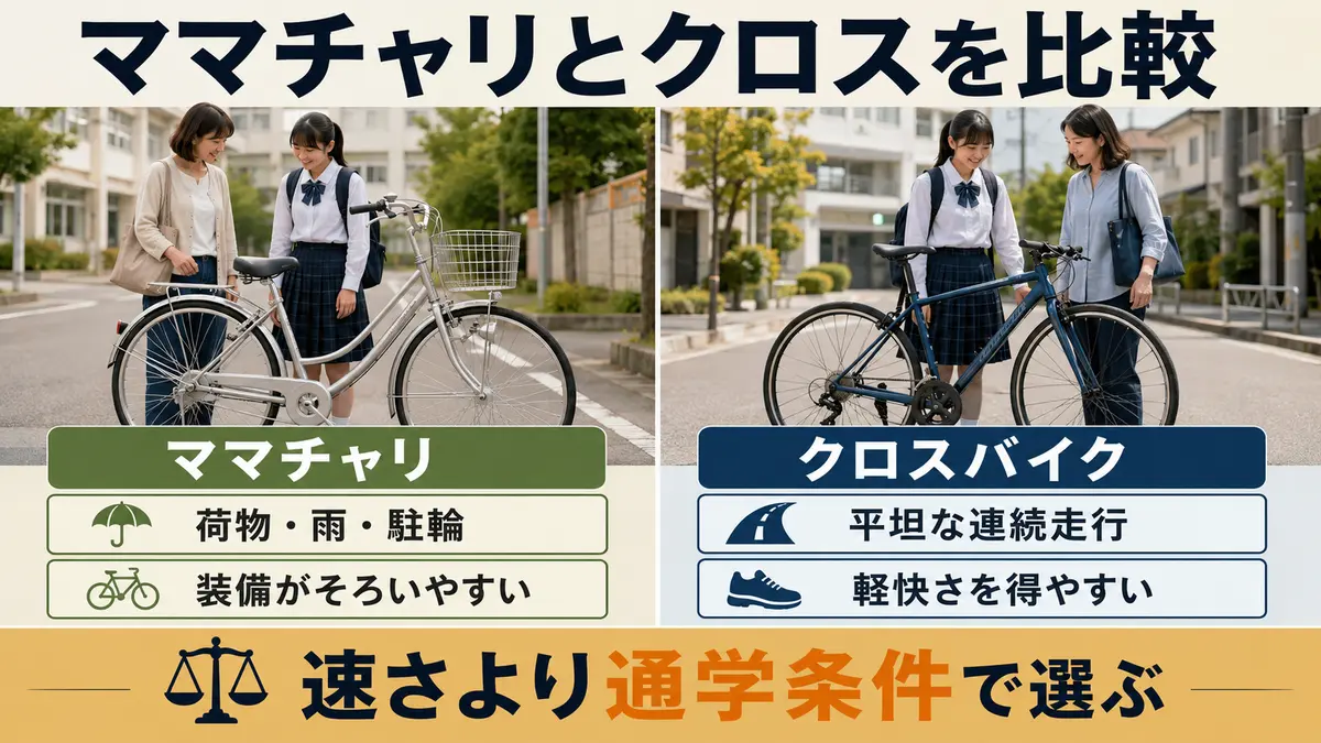 高校生の通学条件でママチャリとクロスバイクを比較する図