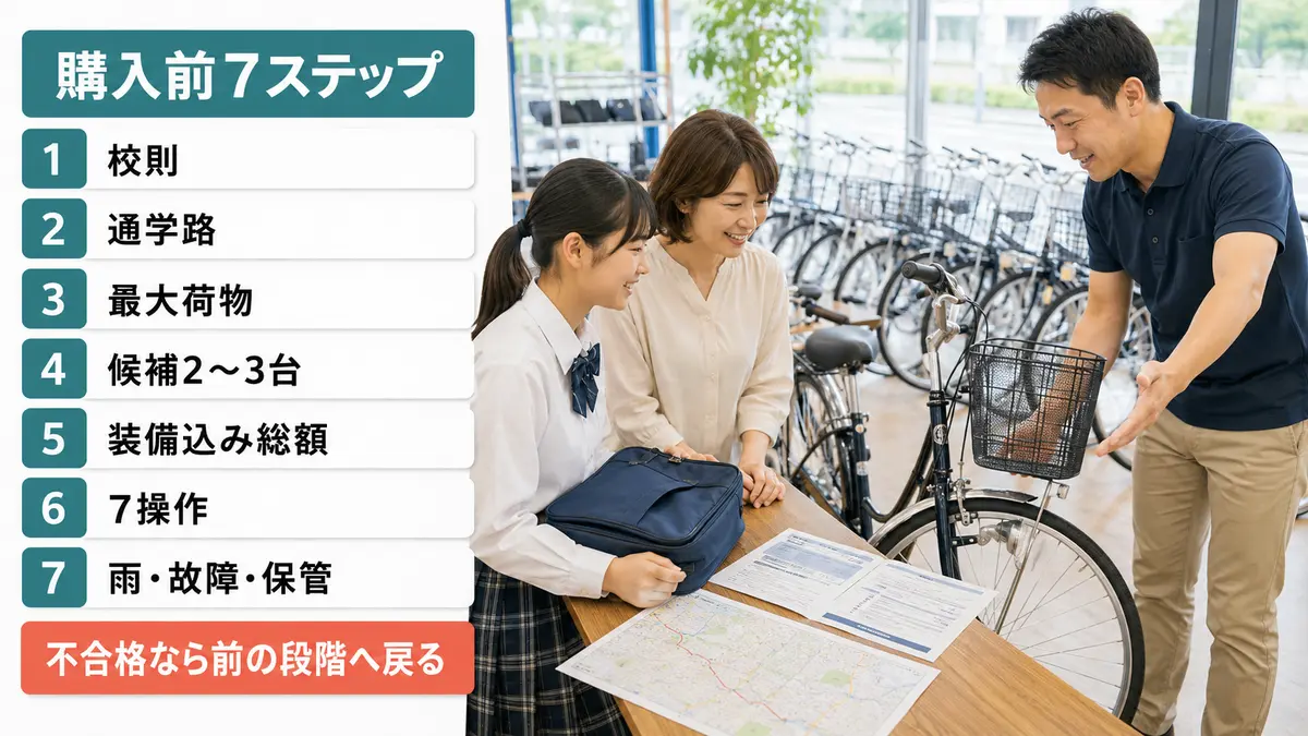 高校生の通学用ママチャリを購入前7ステップで絞る図