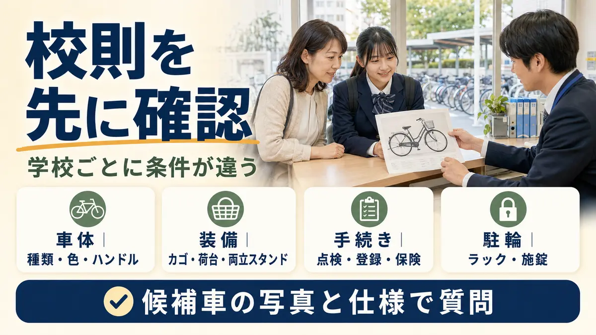 高校生と保護者が学校で自転車通学の校則と許可条件を確認する様子
