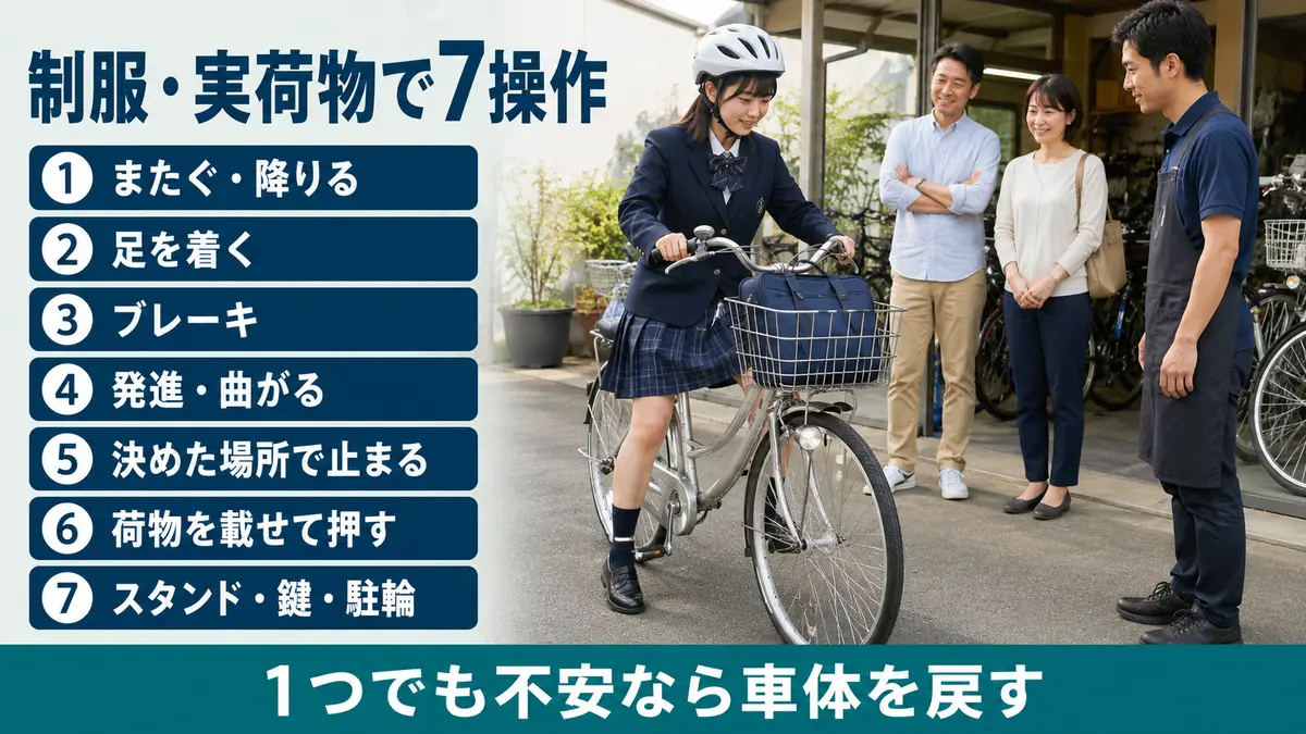 高校生が制服と実際の通学荷物で自転車の7操作を確認する図