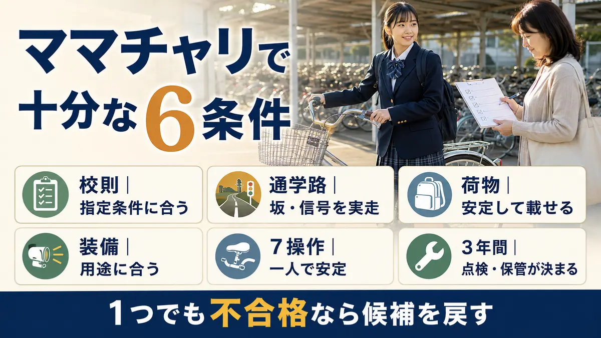 高校生のママチャリ通学を校則・通学路・荷物・装備・7操作・3年間で判定する6条件