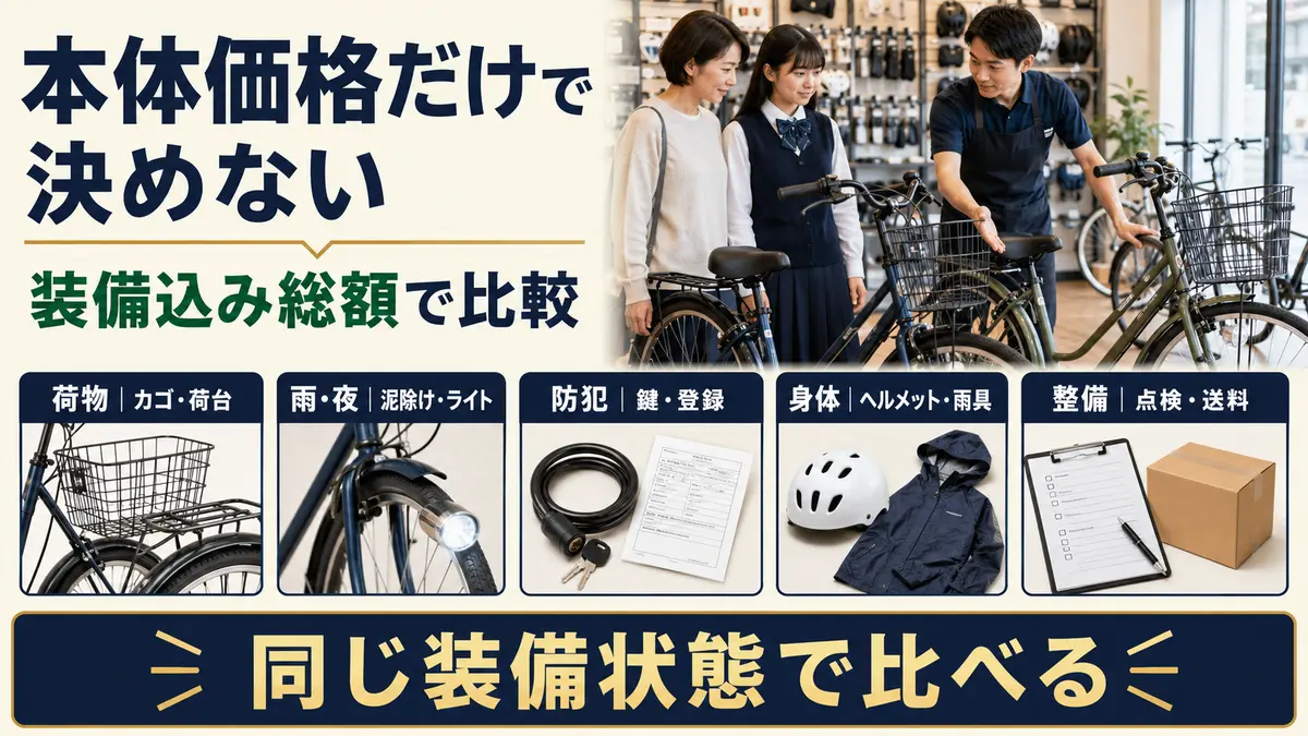 通学用ママチャリを本体価格ではなく装備込み総額で比較する図