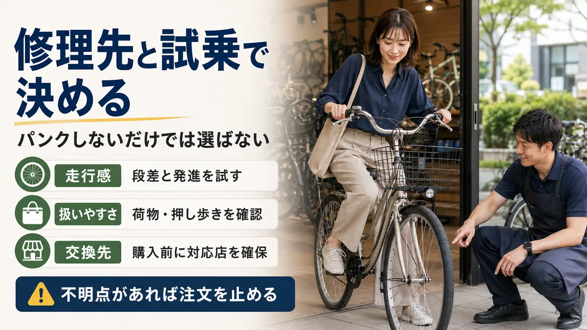 パンクしない自転車を修理先・試乗・用途の3条件で判断する図