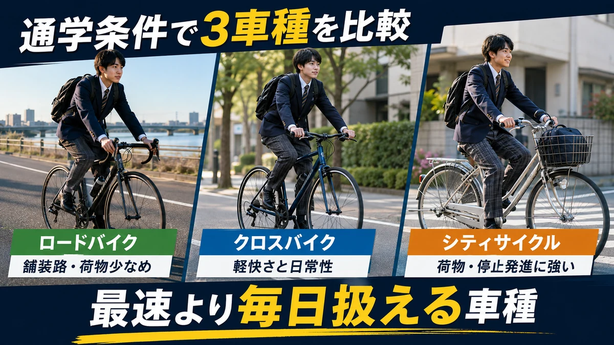 高校生の通学向けにロードバイク・クロスバイク・シティサイクルを比較する図